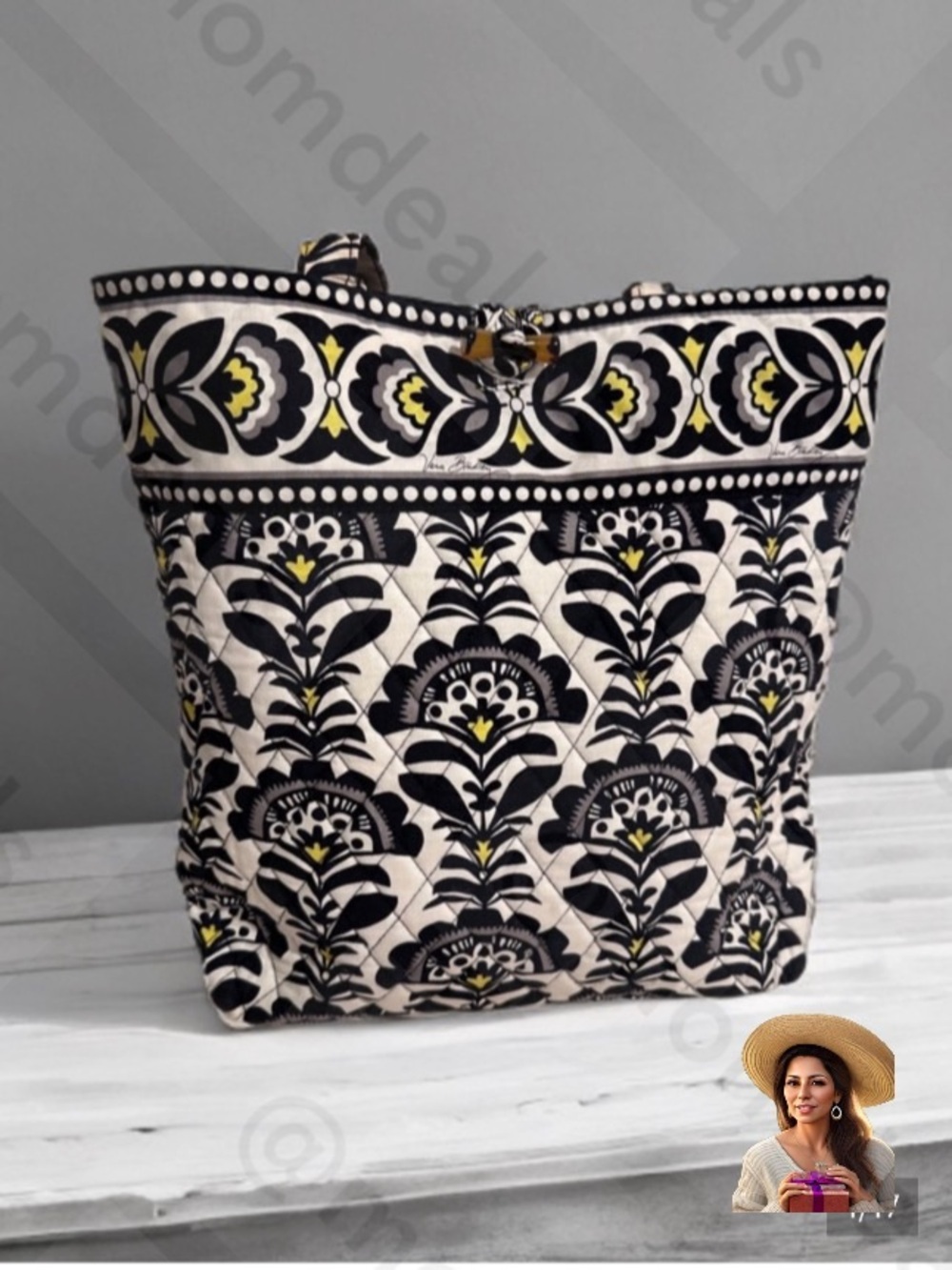 Vera Bradley Fanfare Medium Tote Shoulder Bag Toggle, Black White Bright Yellow